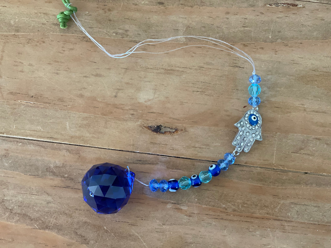 Hanging Hamsa Crystal w/ Cut Glass Bead - Fatima Hand